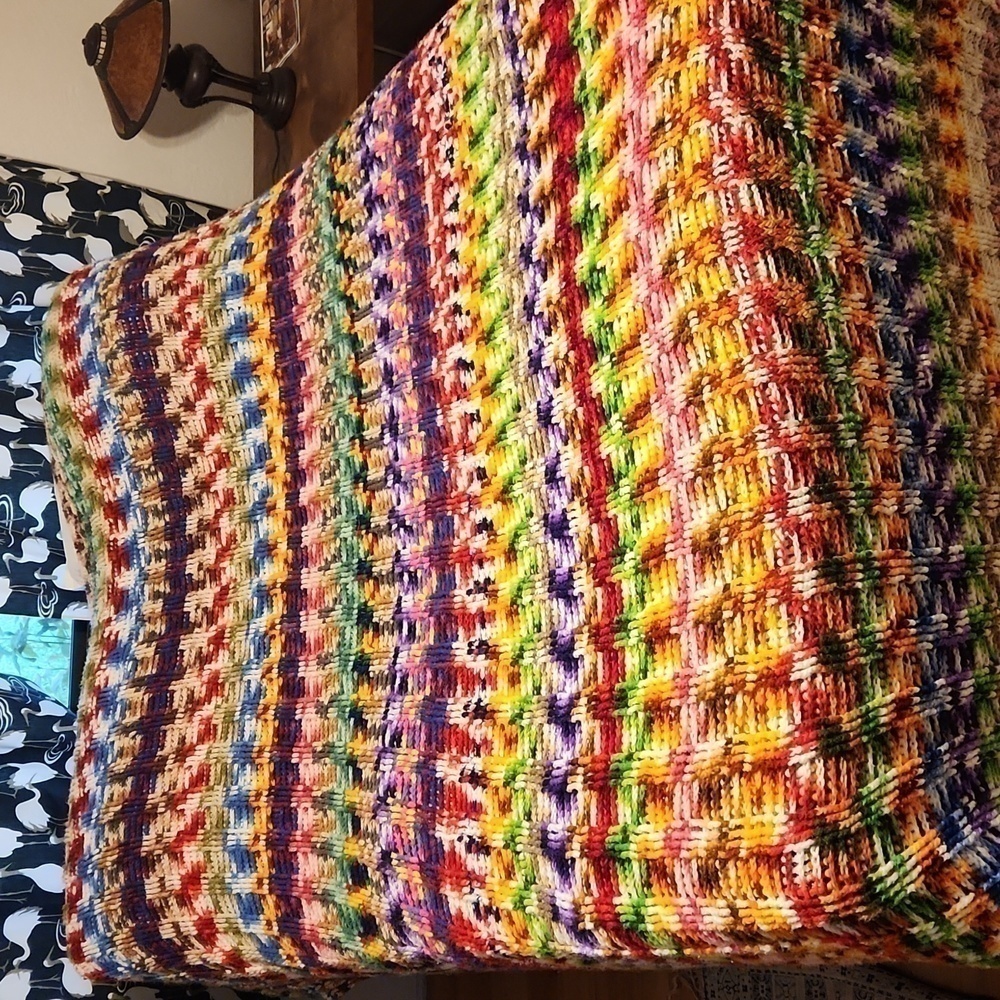 Crocheted Afghan Bedspread multi color 1970s Huge